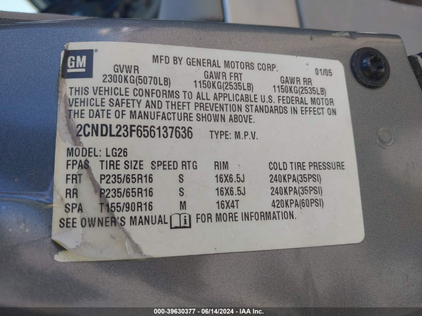 2005 Chevrolet Equinox Ls VIN: 2CNDL23F656137636 Lot: 39630377