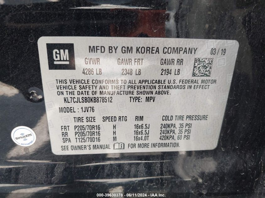 2019 Chevrolet Trax Lt VIN: KL7CJLSB0KB878512 Lot: 39630378