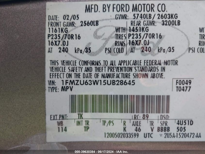 2005 Ford Explorer Xlt/Xlt Sport VIN: 1FMZU63W15UB28645 Lot: 39630384