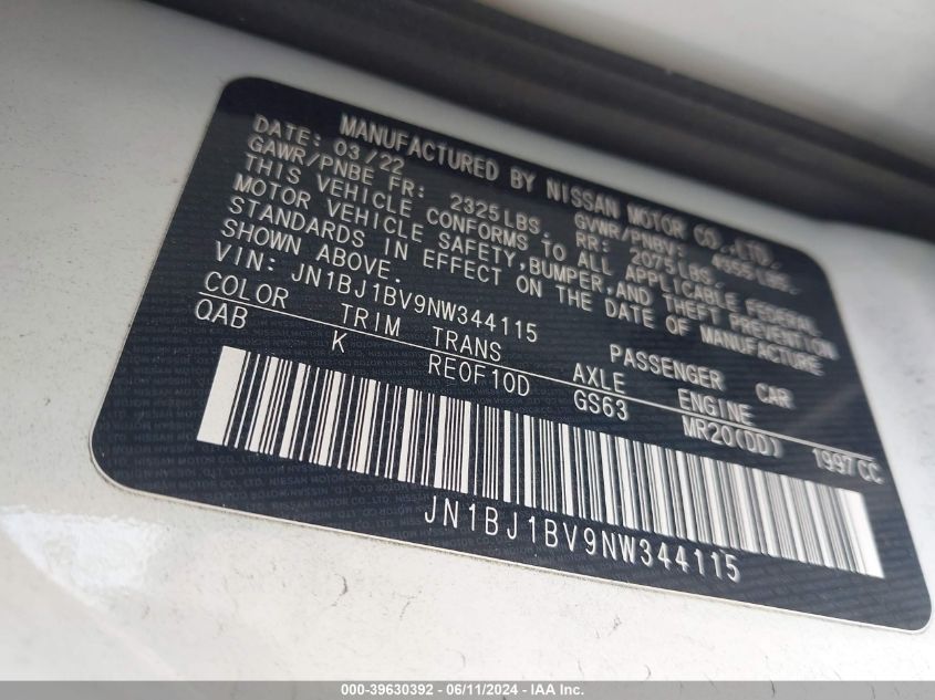 2022 Nissan Rogue Sport Sv Fwd Xtronic Cvt VIN: JN1BJ1BV9NW344115 Lot: 39630392