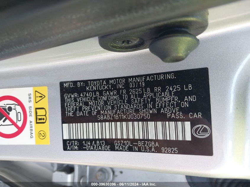 2019 Lexus Es 350 Luxury VIN: 58ABZ1B11KU030750 Lot: 39630396