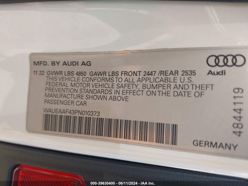 2023 Audi A4 Premium Plus 45 VIN: WAUEAAF43PN010373 Lot: 39630400