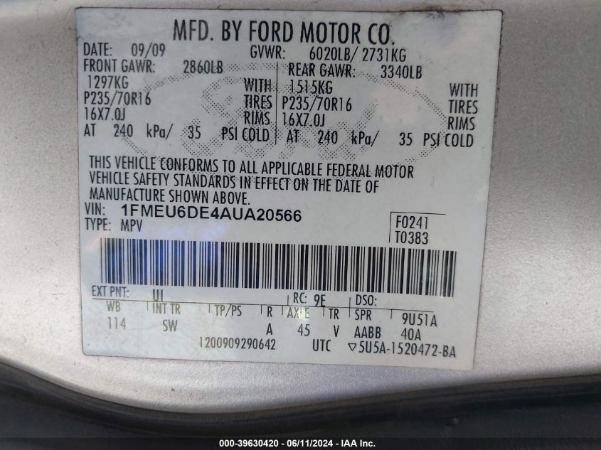 2010 Ford Explorer Xlt VIN: 1FMEU6DE4AUA20566 Lot: 39630420