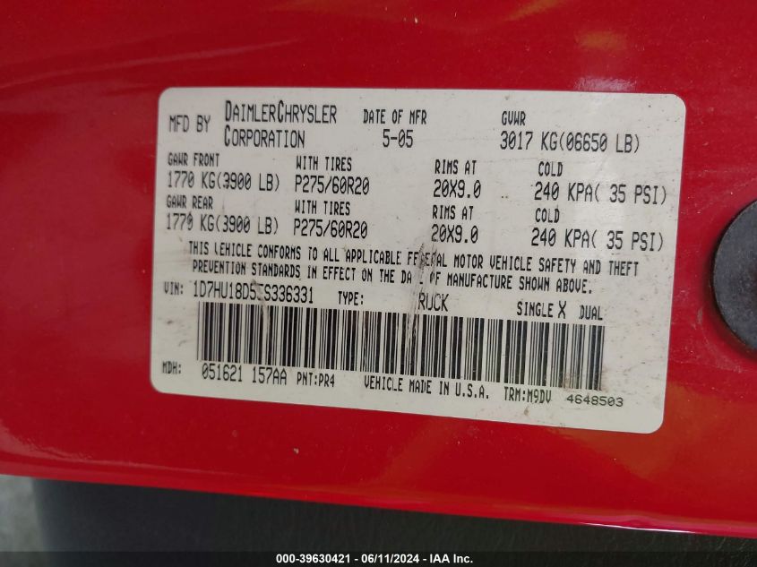 2005 Dodge Ram 1500 Slt/Laramie VIN: 1D7HU18D55S336331 Lot: 39630421