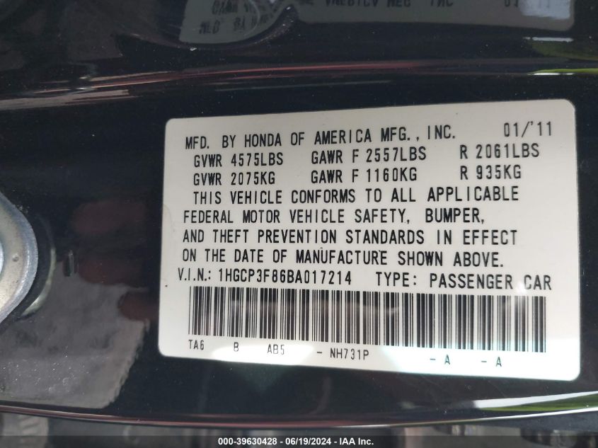2011 Honda Accord Sdn Ex-L VIN: 1HGCP3F86BA017214 Lot: 39630428