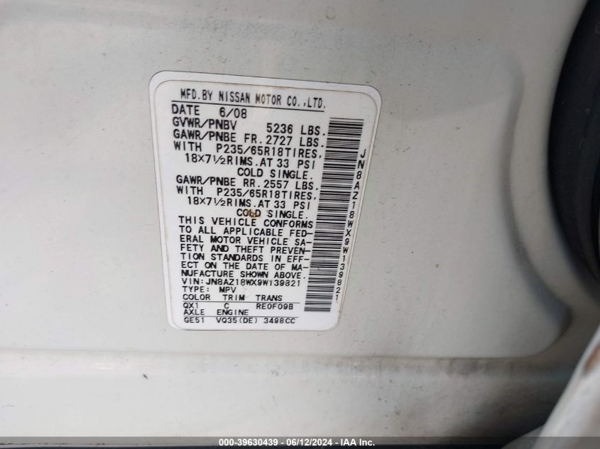 2009 Nissan Murano Sl VIN: JN8AZ18WX9W139821 Lot: 39630439