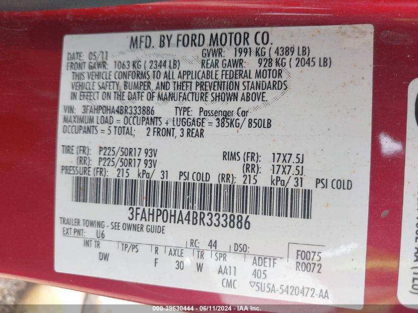 2011 Ford Fusion Se VIN: 3FAHP0HA4BR333886 Lot: 39630444