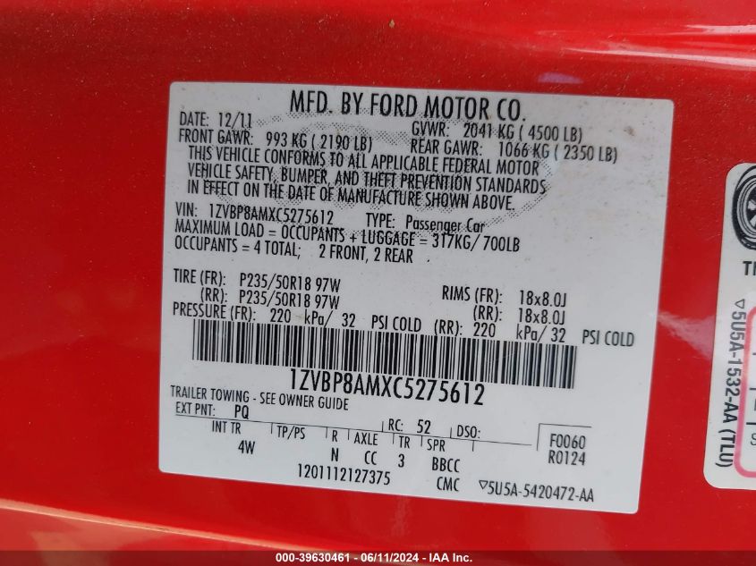 2012 Ford Mustang V6 Premium VIN: 1ZVBP8AMXC5275612 Lot: 39630461