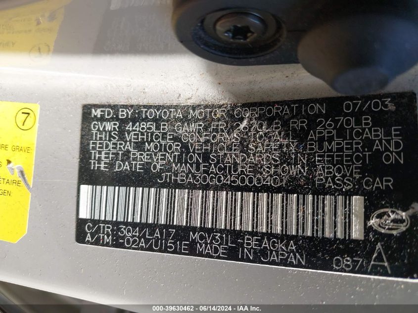 2004 Lexus Es 330 VIN: JTHBA30G045000401 Lot: 39630462