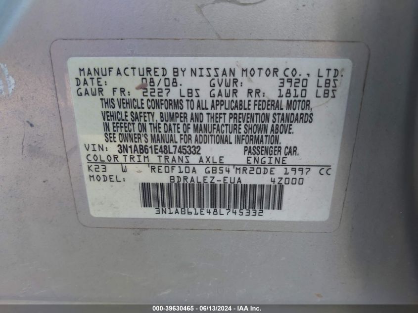 2008 Nissan Sentra 2.0S VIN: 3N1AB61E48L745332 Lot: 39630465