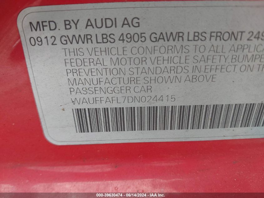 2013 Audi A4 2.0T Premium VIN: WAUFFAFL7DN024415 Lot: 39630474