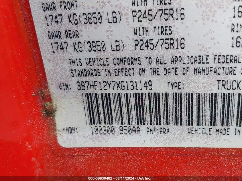 1999 Dodge Ram 1500 St VIN: 3B7HF12Y7XG131149 Lot: 39630482