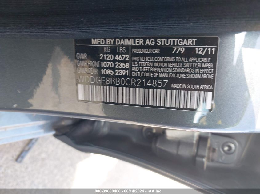 2012 Mercedes-Benz C 300 Luxury 4Matic/Sport 4Matic VIN: WDDGF8BB0CR214857 Lot: 39630488