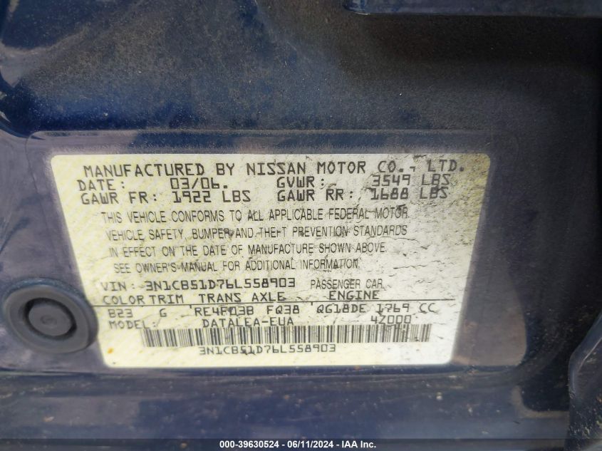 3N1CB51D76L558903 2006 Nissan Sentra 1.8S