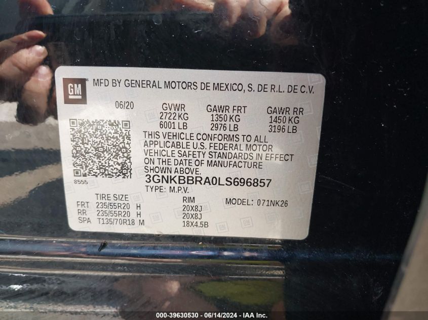 2020 Chevrolet Blazer Fwd 1Lt VIN: 3GNKBBRA0LS696857 Lot: 39630530