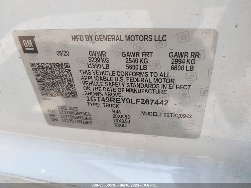 2020 GMC Sierra 2500Hd 4Wd Long Bed Denali VIN: 1GT49REY0LF267442 Lot: 39630536