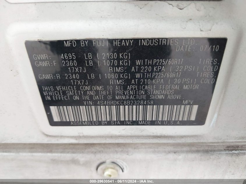 2011 Subaru Outback 3.6R Limited VIN: 4S4BRDKC8B2328458 Lot: 39630541