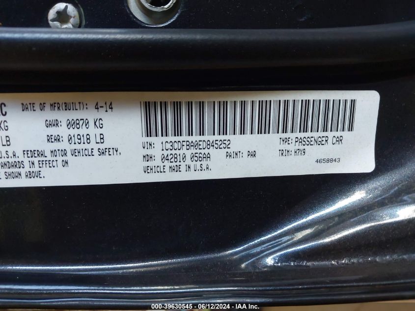 2014 Dodge Dart Sxt VIN: 1C3CDFBA0ED845252 Lot: 39630545