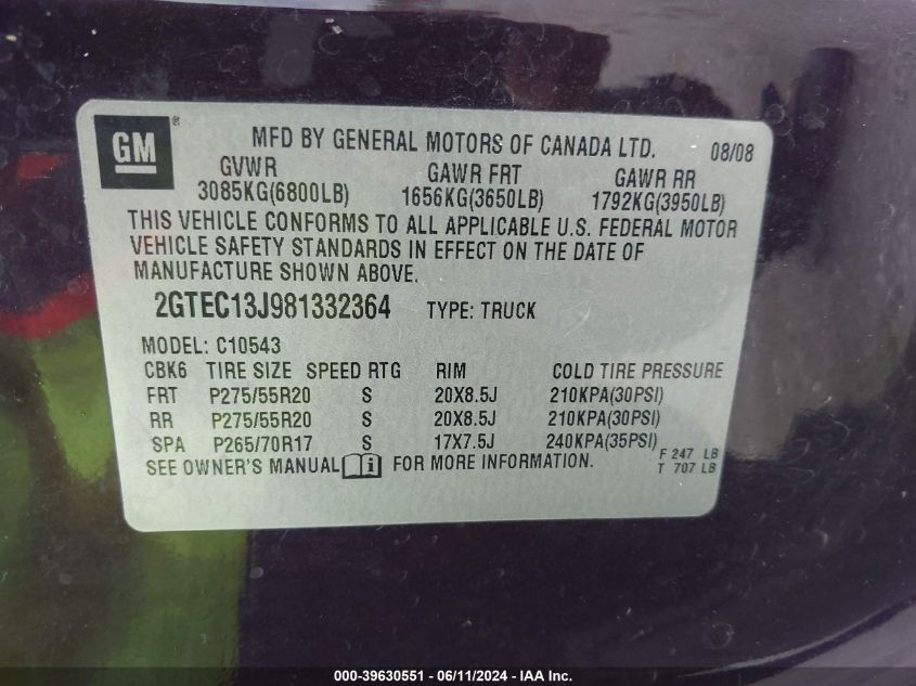 2008 GMC Sierra 1500 Sle2 VIN: 2GTEC13J981332364 Lot: 39630551