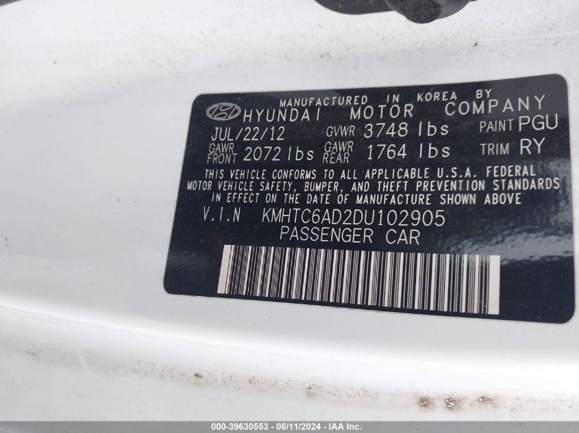 2013 Hyundai Veloster Base W/Black VIN: KMHTC6AD2DU102905 Lot: 39630553