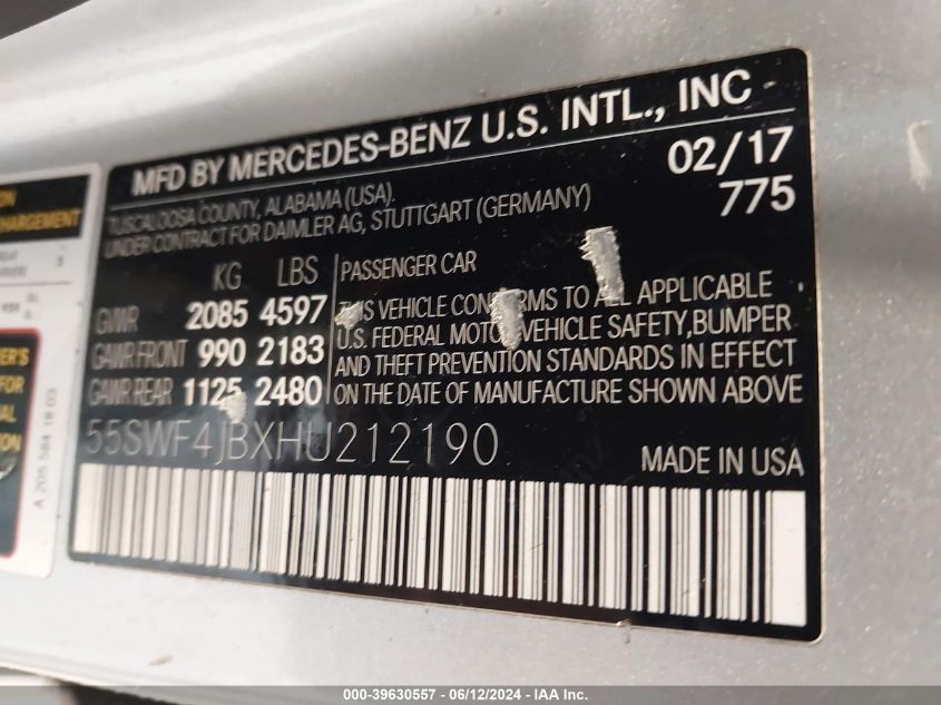 2017 Mercedes-Benz C 300 Luxury/Sport VIN: 55SWF4JBXHU212190 Lot: 39630557