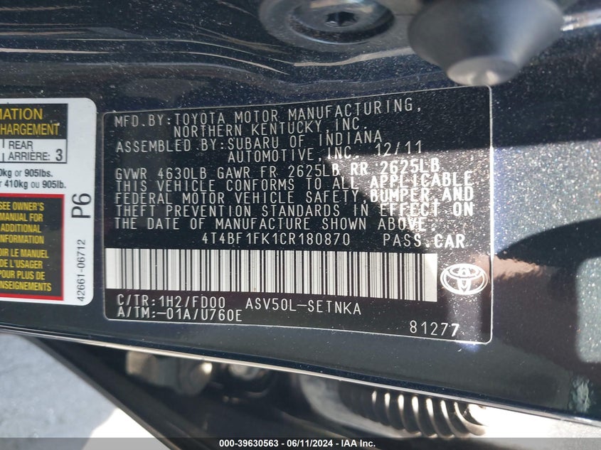 2012 Toyota Camry Le VIN: 4T4BF1FK1CR180870 Lot: 39630563