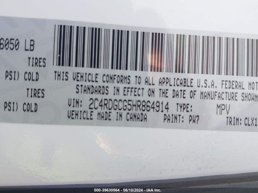 2017 Dodge Grand Caravan Sxt VIN: 2C4RDGCG5HR864914 Lot: 39630564