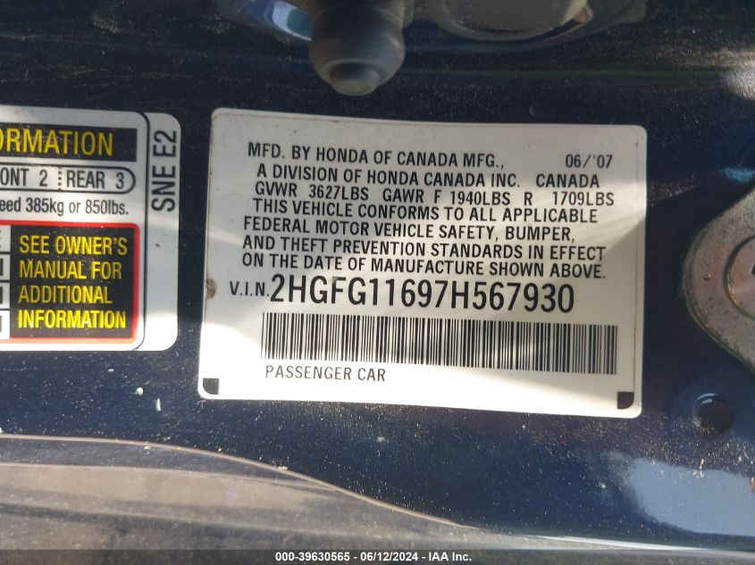 2007 Honda Civic Lx VIN: 2HGFG11697M567930 Lot: 39630565