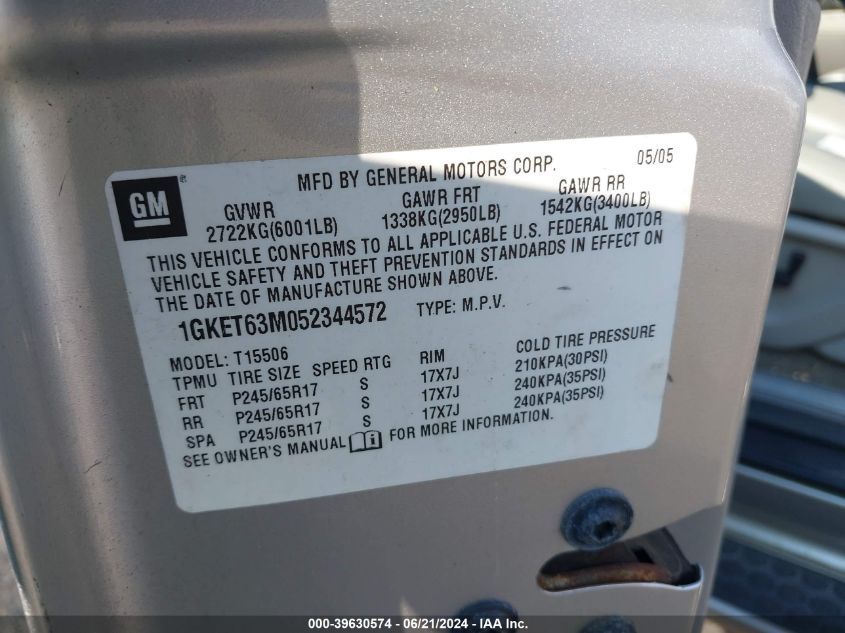 2005 GMC Envoy Denali VIN: 1GKET63M052344572 Lot: 39630574