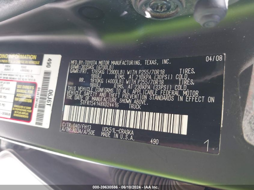 2008 Toyota Tundra Base 4.7L V8 VIN: 5TFRT54148X024416 Lot: 39630586