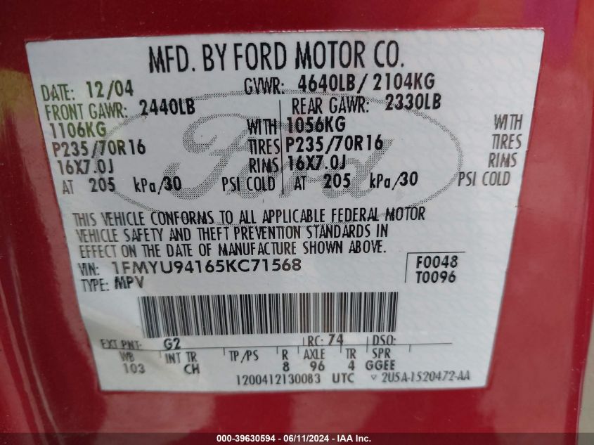 2005 Ford Escape Limited VIN: 1FMYU94165KC71568 Lot: 39630594