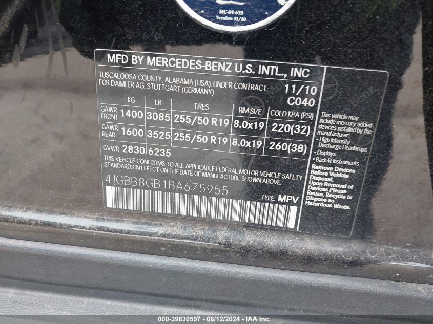 4JGBB8GB1BA67595 2011 Mercedes-Benz Ml 350 4Matic