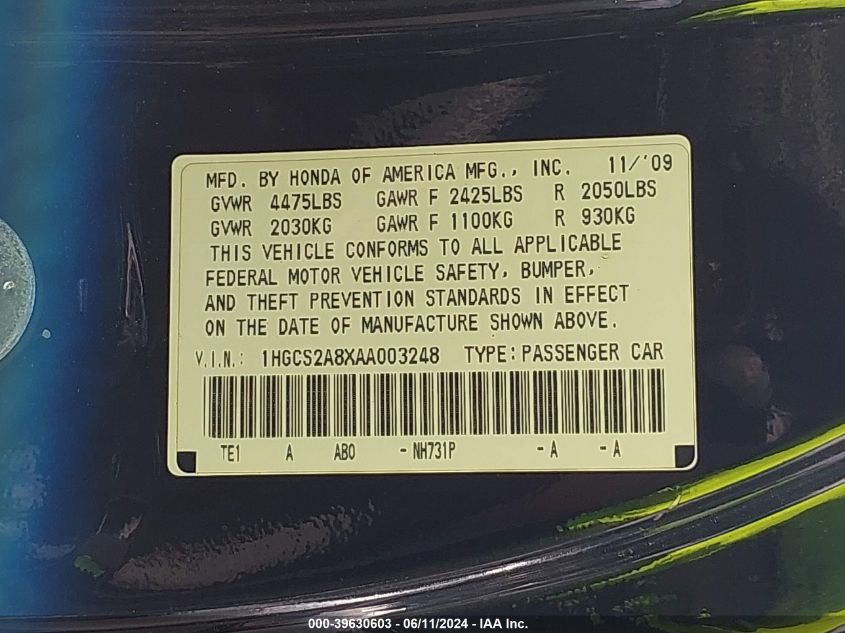 2010 Honda Accord 3.5 Ex-L VIN: 1HGCS2A8XAA003248 Lot: 39630603