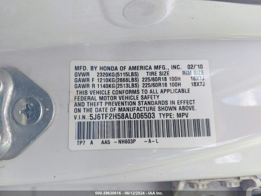 2010 Honda Accord Crosstour Ex-L VIN: 5J6TF2H58AL006503 Lot: 39630616