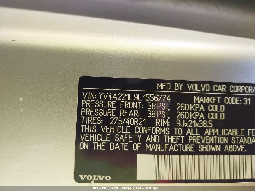 2020 Volvo Xc90 T6 Inscription 6 Passenger VIN: YV4A221L9L1556774 Lot: 39630628