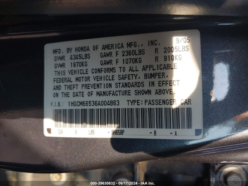 2006 Honda Accord 3.0 Ex VIN: 1HGCM66536A004863 Lot: 39630632