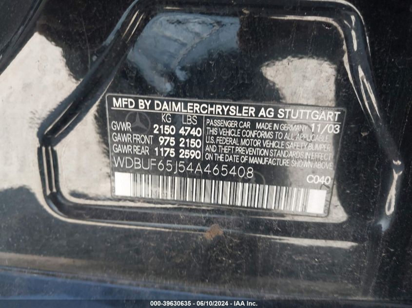 2004 Mercedes-Benz E 320 VIN: WDBUF65J54A465408 Lot: 39630635