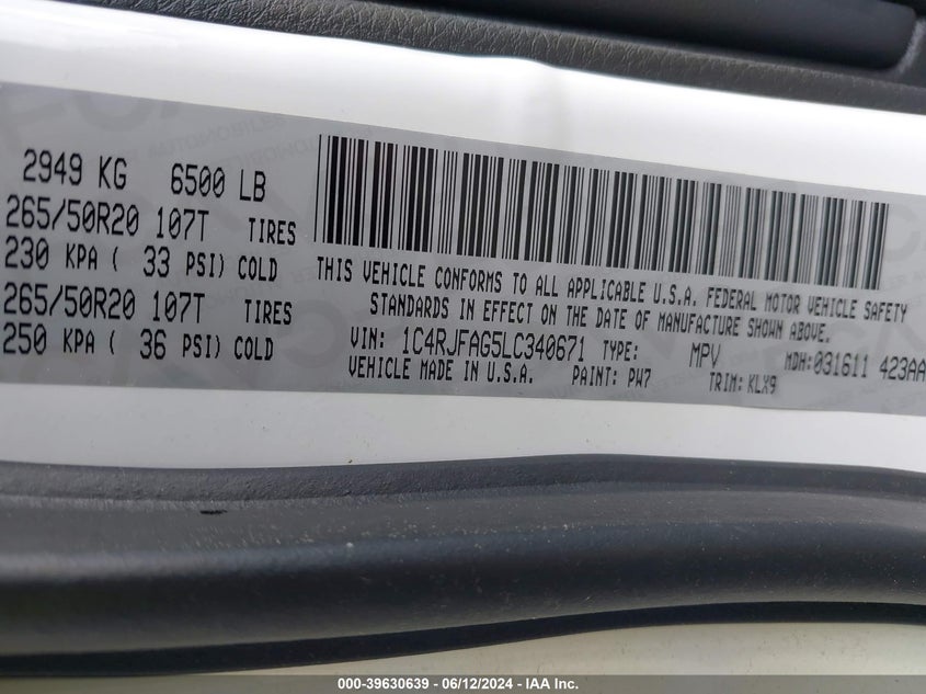 2020 Jeep Grand Cherokee Altitude 4X4 VIN: 1C4RJFAG5LC340671 Lot: 39630639