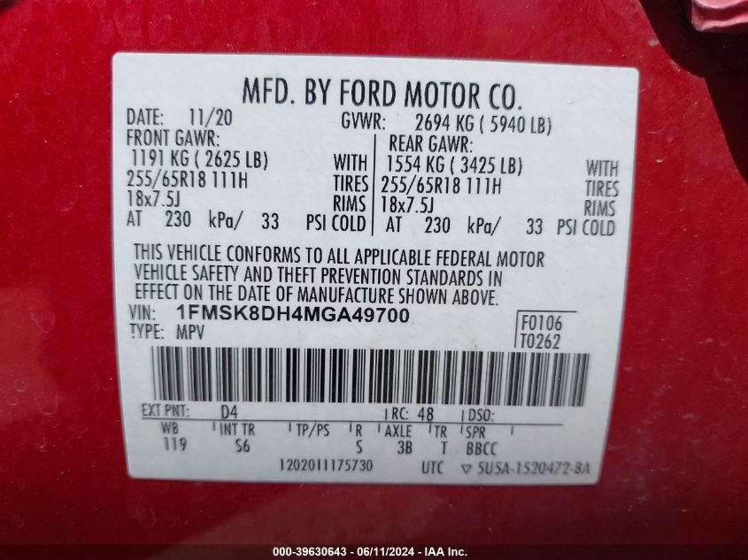 2021 Ford Explorer Xlt VIN: 1FMSK8DH4MGA49700 Lot: 39630643