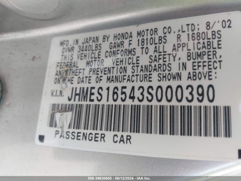 2003 Honda Civic Lx VIN: JHMES16543S000390 Lot: 39630655
