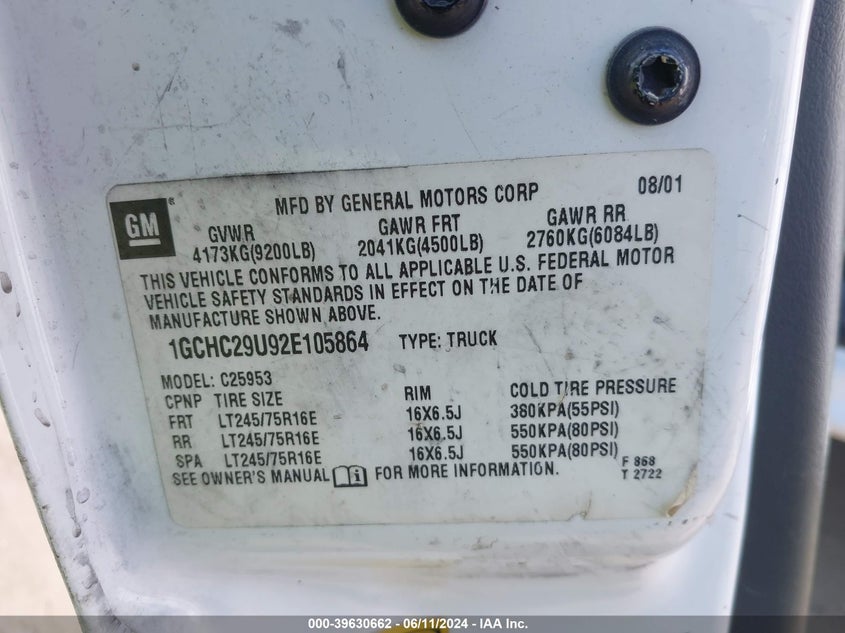 2002 Chevrolet Silverado 2500Hd VIN: 1GCHC29U92E105864 Lot: 39630662