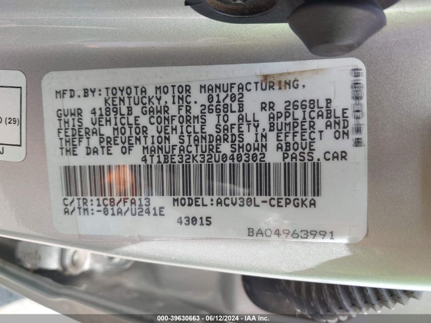 4T1BE32K32U040302 2002 Toyota Camry Xle