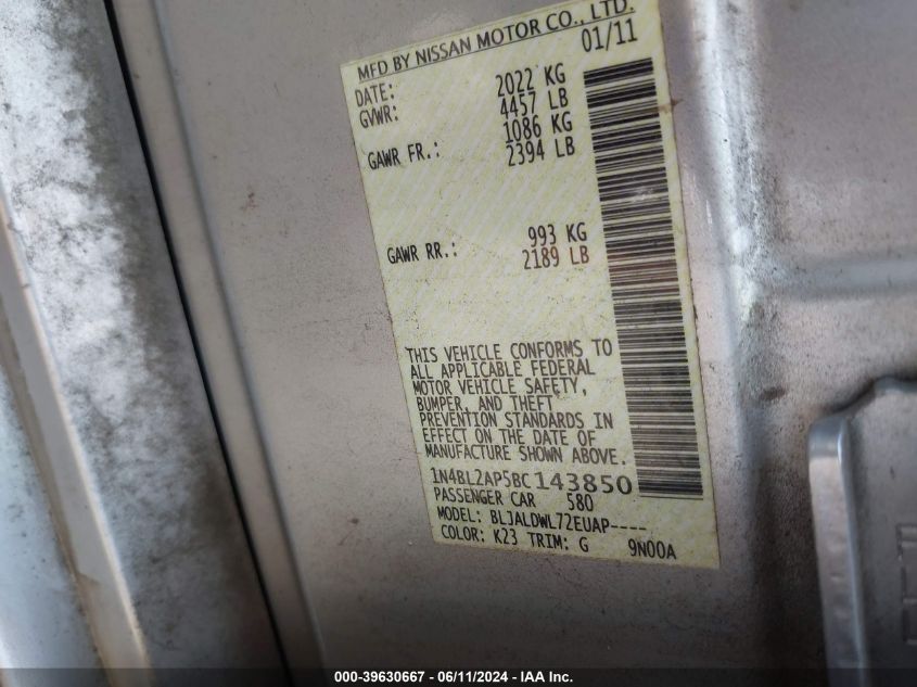 2011 Nissan Altima 3.5 Sr VIN: 1N4BL2AP5BC143850 Lot: 39630667