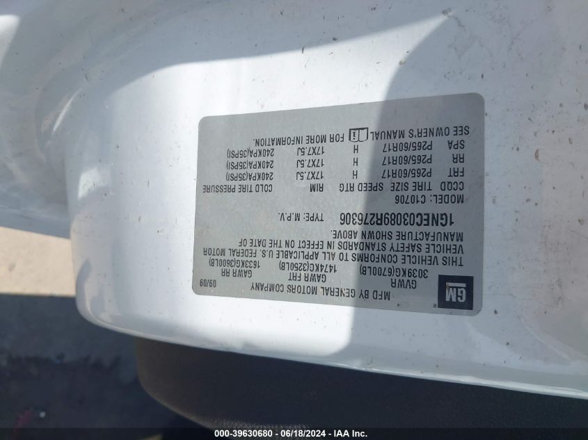 2009 Chevrolet Tahoe Police VIN: 1GNEC03089R276306 Lot: 39630680