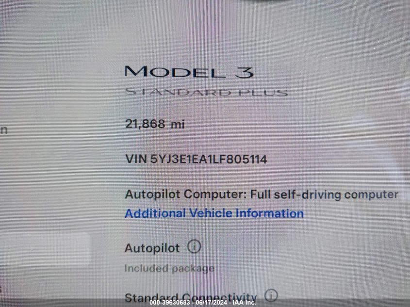 2020 Tesla Model 3 Standard Range Plus Rear-Wheel Drive/Standard Range Rear-Wheel Drive VIN: 5YJ3E1EA1LF805114 Lot: 39630683