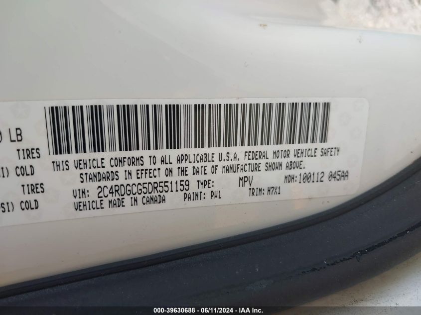 2013 Dodge Grand Caravan Sxt VIN: 2C4RDGCG5DR551159 Lot: 39630688