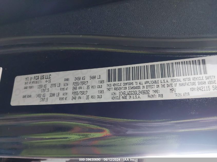 2016 Jeep Wrangler Unlimited Sport VIN: 1C4BJWDG3GL249692 Lot: 39630690