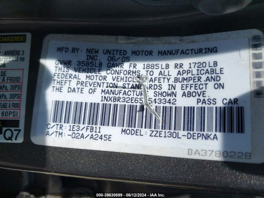 2005 Toyota Corolla Le VIN: 1NXBR32E65Z543342 Lot: 39630699