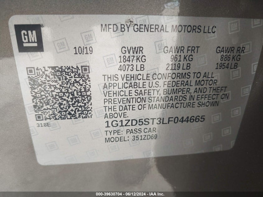 2020 Chevrolet Malibu Fwd Lt VIN: 1G1ZD5ST3LF044665 Lot: 39630704