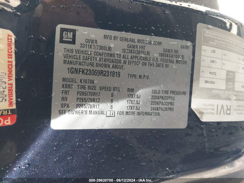 2009 Chevrolet Tahoe Lt2 VIN: 1GNFK23069R231819 Lot: 39630708